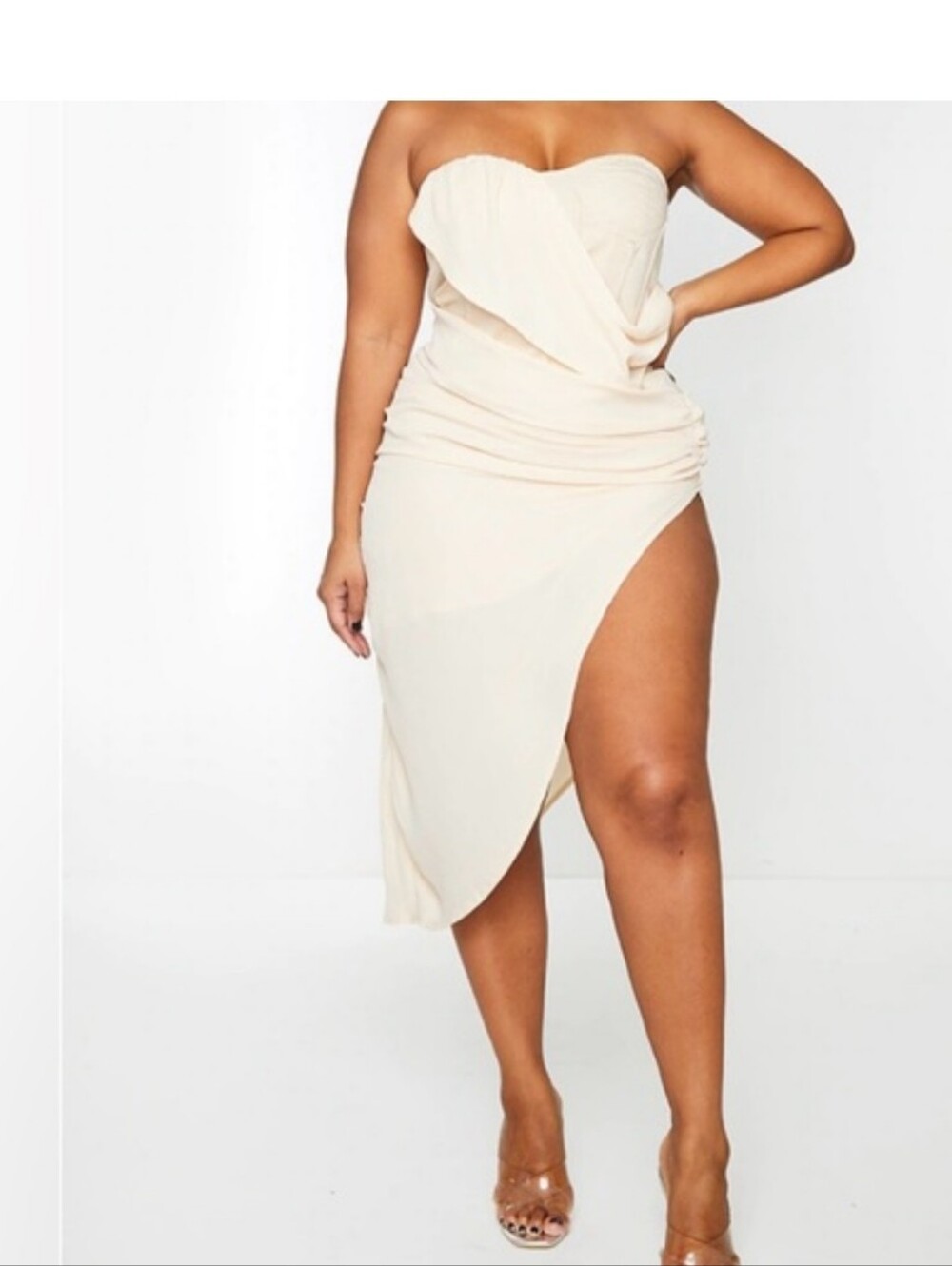 PrettyLittleThing Nude Cup Detail Chiffon Drape Bodycon Dress